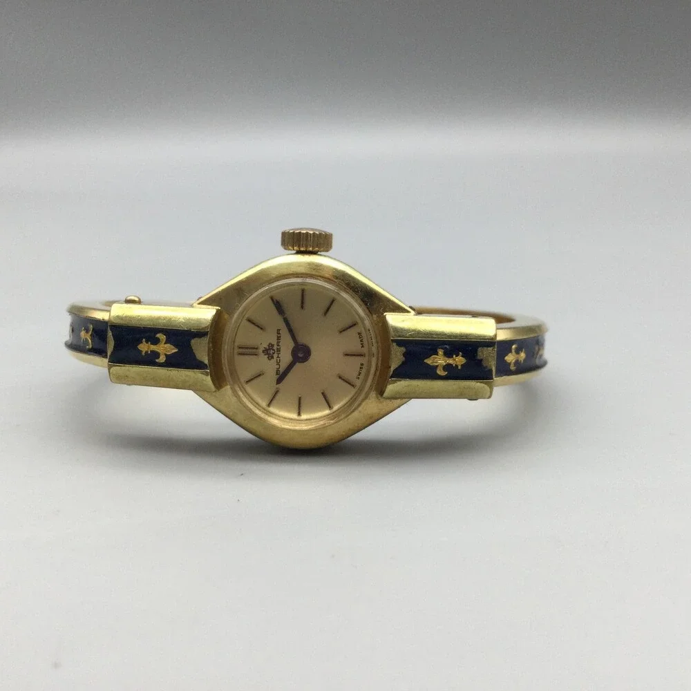 Vintage Bucherer Womens Watch 18mm Gold Tone Blue Bangle Swiss Manual Wind